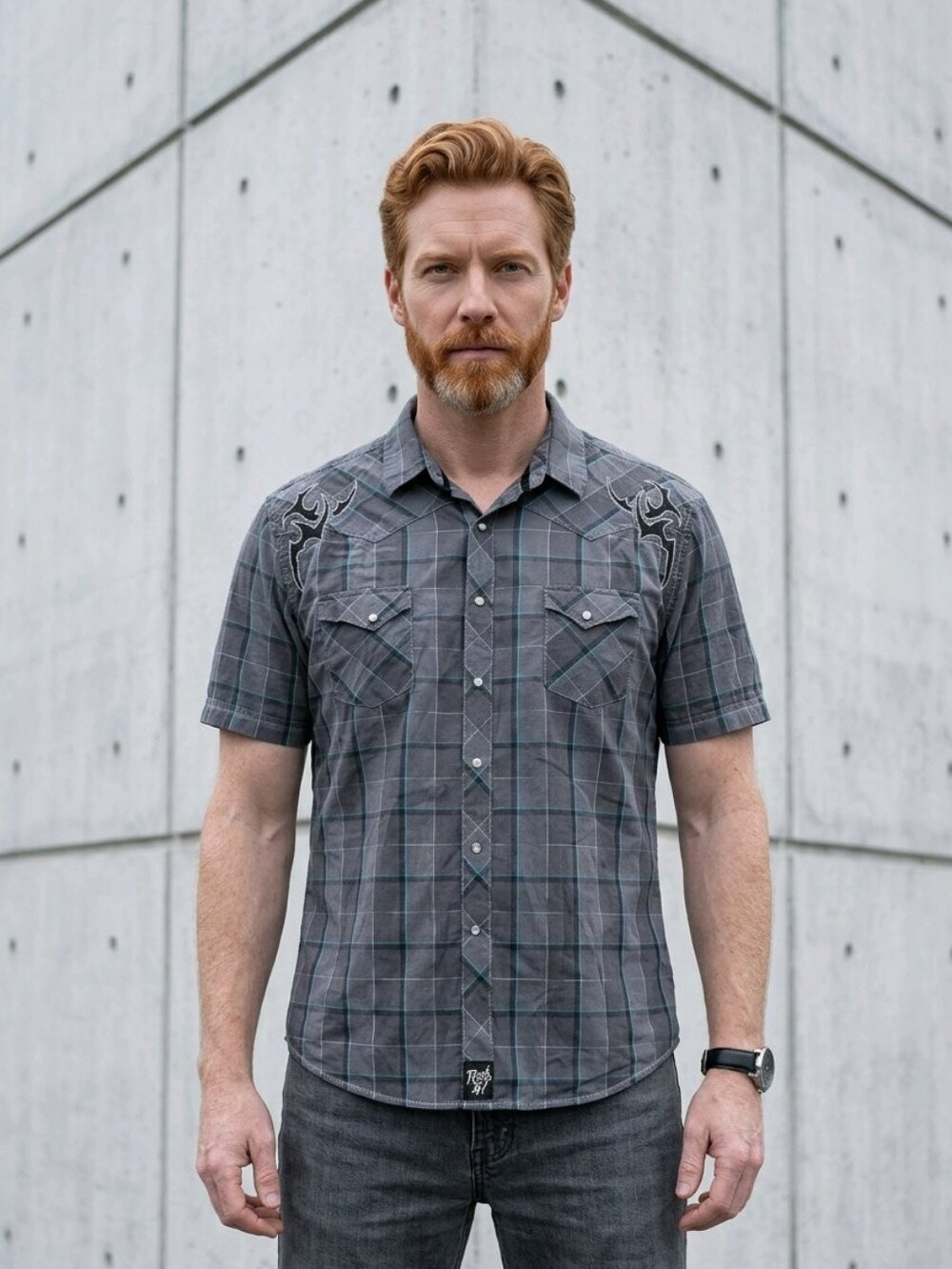 Wrangler Rock 47 Men XXL Western Snap Shirt Grey Turquoise Plaid Tribal...